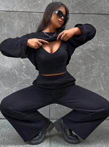 EURMUSE Drop Shoulder High Low Hem Crop Tee & Pants & Cami Top - Royal Blue - View 3