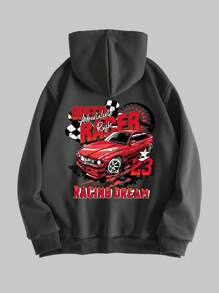 ROMWE MEN Goth Nam Đơn giản Màu thuần Hoodie Với In Ô tô - Màu xám đen - Xem 1