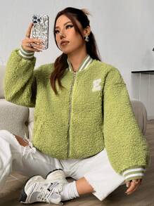 SHEIN Unity 文本和圖案圖形棒球夾克 - 綠色 - 查看 4