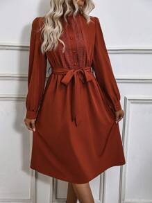 SHEIN LUNE Ren Nối Single-breasted Váy có thắt lưng - Rỉ Nâu - Xem 1