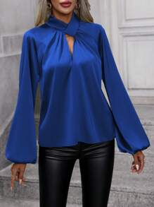 SHEIN Clasi Women's Lock Hole Collar Lantern Sleeve Shirt - Royal Blue - View 6