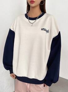 DAZY Color-block Letter Printed Drop Shoulder Sweatshirt - Navy Blue - View 4