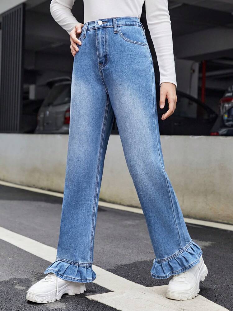SHEIN Teen Girls' Frayed Hem Denim Jeans With Ruffle Trim - Medium Wash - View 4