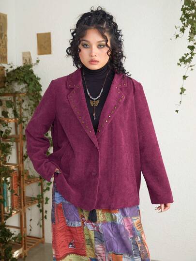 Women's Plus Size Rivet Decor Turn-down Collar Single-breasted Jacket