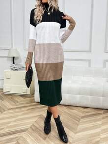 SHEIN LUNE Women's Colorblock High Neck Sweater Dress - Multicolor - View 3