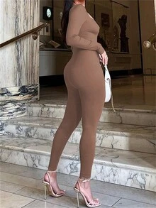 純色長袖連身褲 - 乾枯玫瑰色 - 查看 2