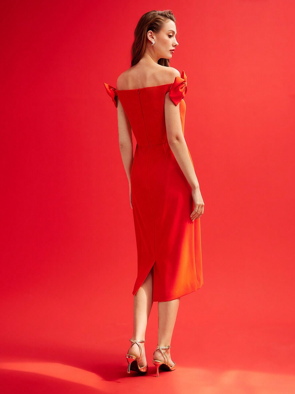 WOVEN WOMEN'S BOW DETAIL OFF SHOULDER DRESS,VALENTINE'S DAY OUTFIT