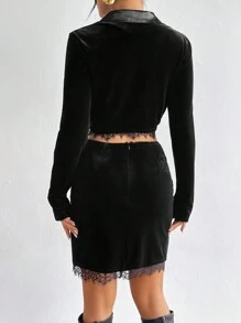 SHEIN Privé 天鵝絨閃亮鑲嵌蕾絲女士短款西裝外套 - 黑色 - 查看 2