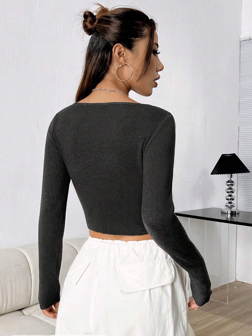 Women Solid Color Asymmetrical Ribbed Pullover Knit Pullover Fall Winter Sweater