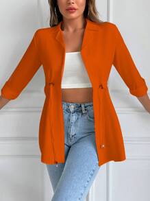 EURMUSE Drawstring Waist Rolled Sleeve Jacket - Red - View 1