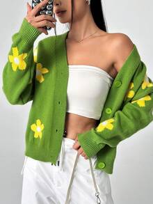 SHEIN Unity 女士花卉圖案落肩開襟衫 - 綠色 - 查看 6