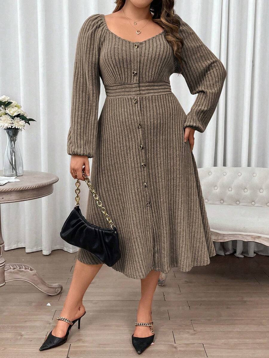 SHEIN Franclia 女款大尺碼羅紋雞心領燈籠袖連身裙 - 咖啡棕 - 查看 1