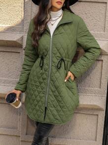 EMERY ROSE 女士菱形绗缝羽绒夹克，腰部有抽绳 - 綠色 - 查看 4