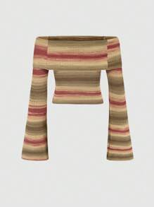 Sweetra Sọc Off Shoulder Tay áo dài Áo len - trái cam - Xem 2