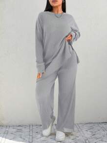 EURMUSE Plus Drop Shoulder Split Hem Tee & Pants - Light Grey - View 3