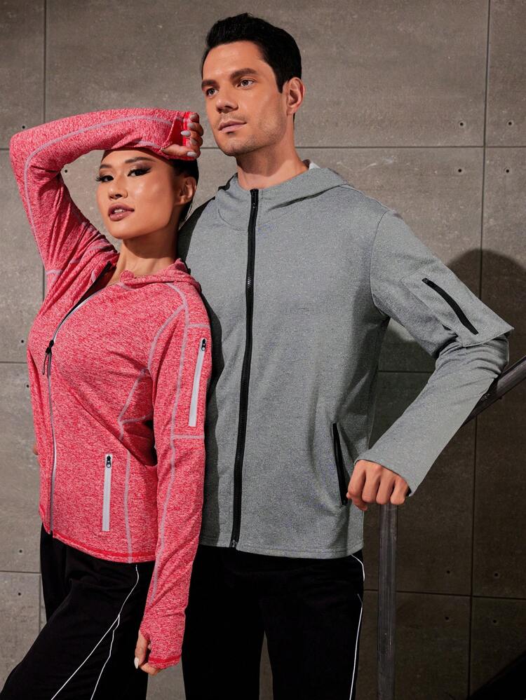 Boyfriend Style Men's Solid Color Zipper Hooded Sports Jacket Workout Tops Grey Jacket Sports Jacket