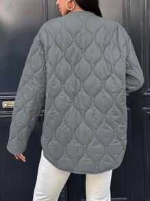 EURMUSE Drop Shoulder Zipper Quilted Coat - Grey - View 2