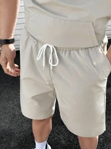 Claim Dot 男士宽松袋鼠口袋半拉链上衣和短裤套装，亚麻布，外出，男友礼物，纯色，休闲 - 灰色 - 查看 5