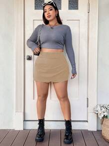 Flirla Váy xếp ly viền bất đối xứng cỡ lớn - Màu Khaki - Xem 5