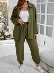 SHEIN LUNE 大码女式纯色衬衫和裤子两件套 - 軍綠色 - 查看 6