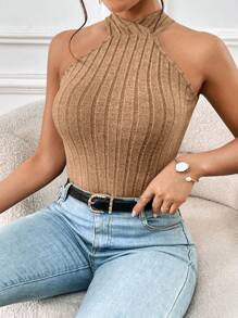 SHEIN Essnce Women's Ribbed Criss-Cross Back Tank Top - Camel - View 5