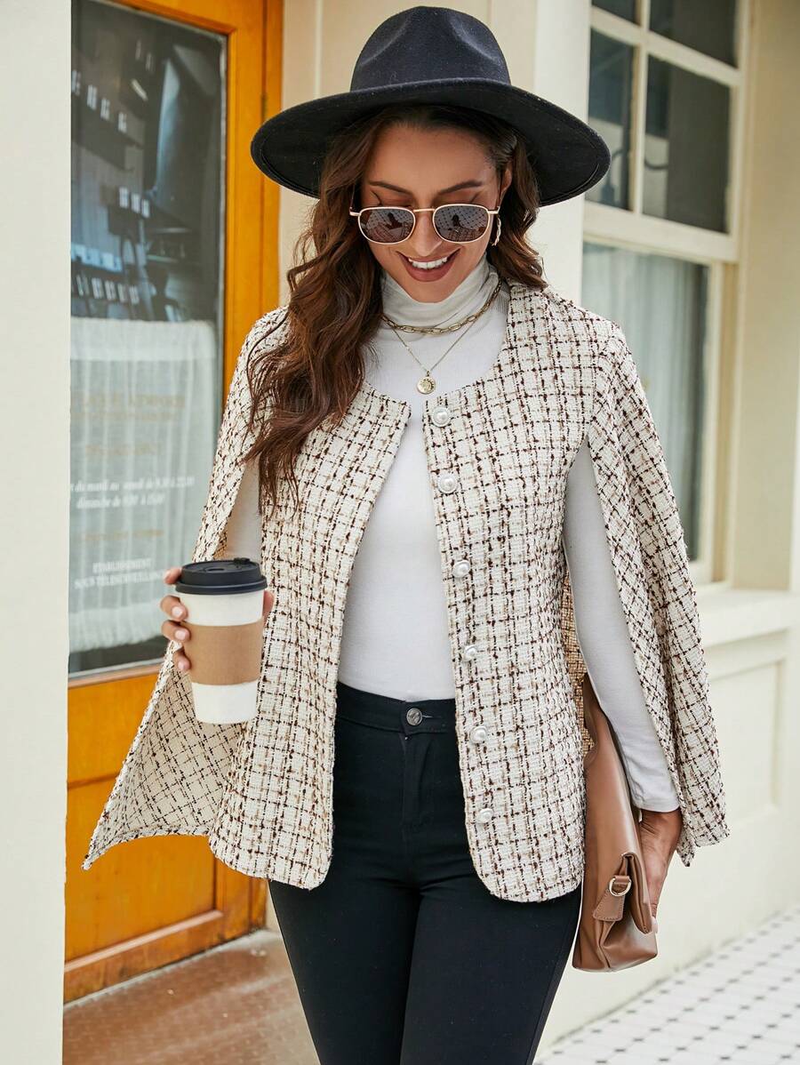SHEIN Frenchy Fashionable Plaid Cape Woolen Coat - Apricot - View 1
