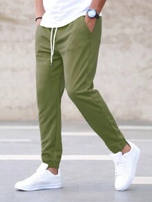 Manfinity Homme 男士束口腰運動褲 - 軍綠色 - 查看 3