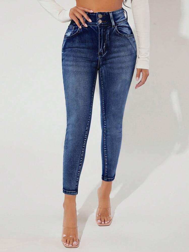 SHEIN PETITE 漂白水洗緊身牛仔褲 - 深色水洗藍 - 查看 4