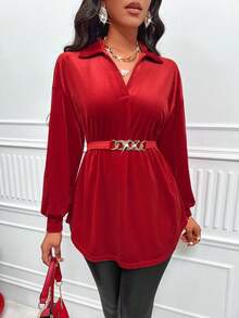 落肩袖弧形下擺腰帶襯衫 - 紅色 - 查看 4
