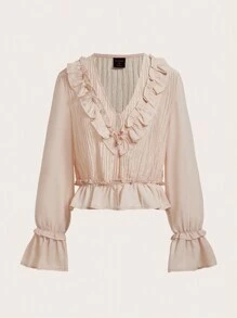 ROMWE PUNK Women's Ruffle Trim Decorated V-neck Blouse - Apricot - View 1