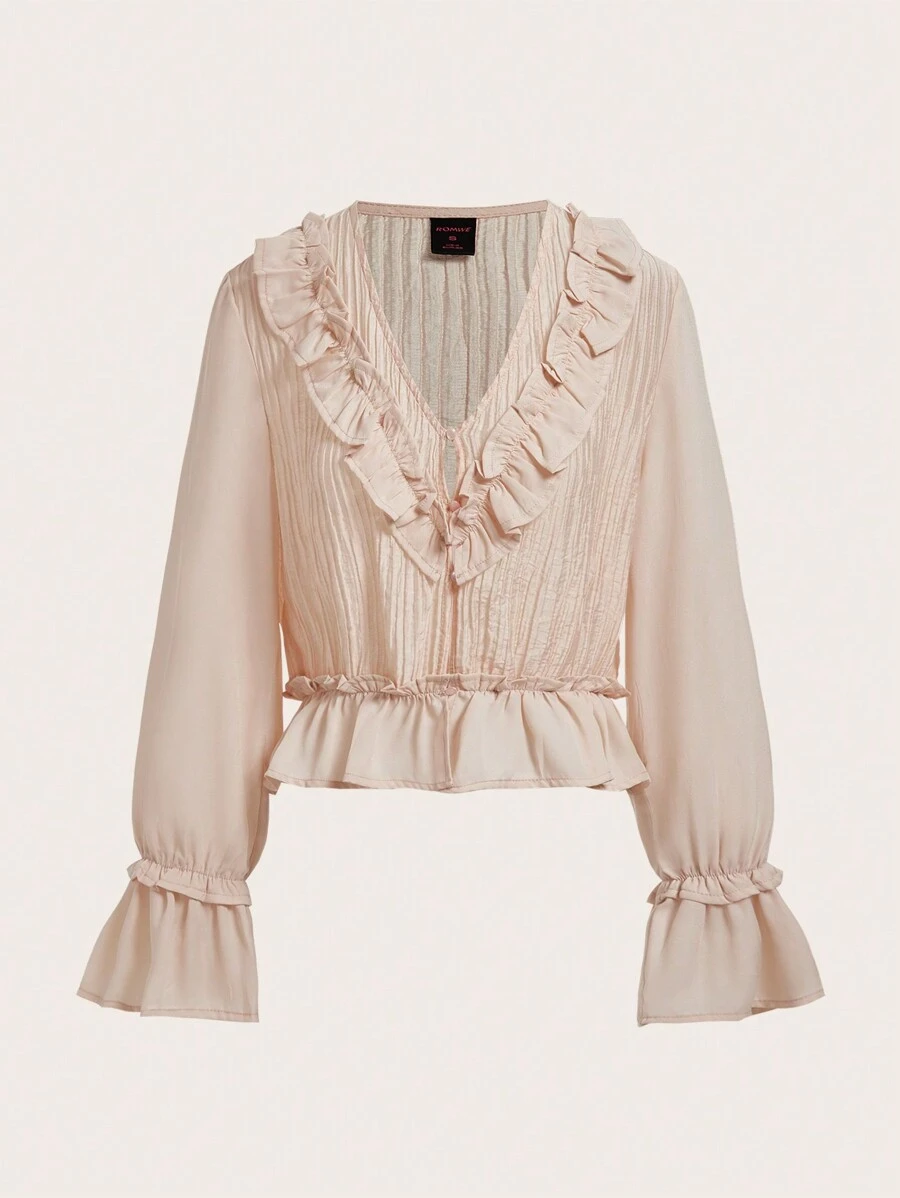 ROMWE PUNK Women's Ruffle Trim Decorated V-neck Blouse - Apricot - View 1