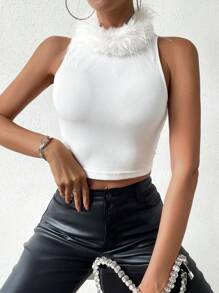 SHEIN Privé 女性拼接毛絨針織背心 - 白色 - 查看 4