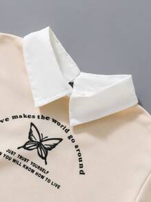 SHEIN 年輕女孩蝴蝶標語印花彩色拼接領口套頭衫 - 杏色 - 查看 5