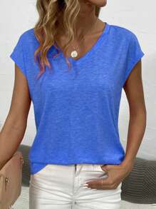 SHEIN LUNE V-neck Batwing Sleeve T-shirt - Blue - View 3