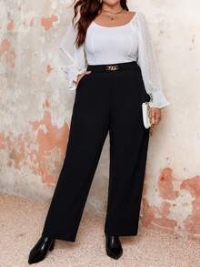 SHEIN Franclia 大尺碼高腰直筒褲 - 黑色 - 查看 3