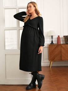 SHEIN Maternity Solid Color Lantern Sleeve Dress With Frill Hem - Black - View 3