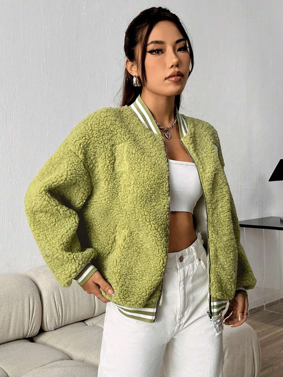 SHEIN Unity 文本和圖案圖形棒球夾克 - 綠色 - 查看 1