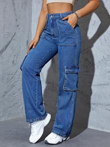 Flap Pocket Side Cargo Jeans - Medium Wash - View 4