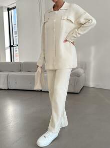 Ladies' Pure Color Two Piece Set Including Top And Pants/sweater Saying 'you Look Good' - Apricot - View 4