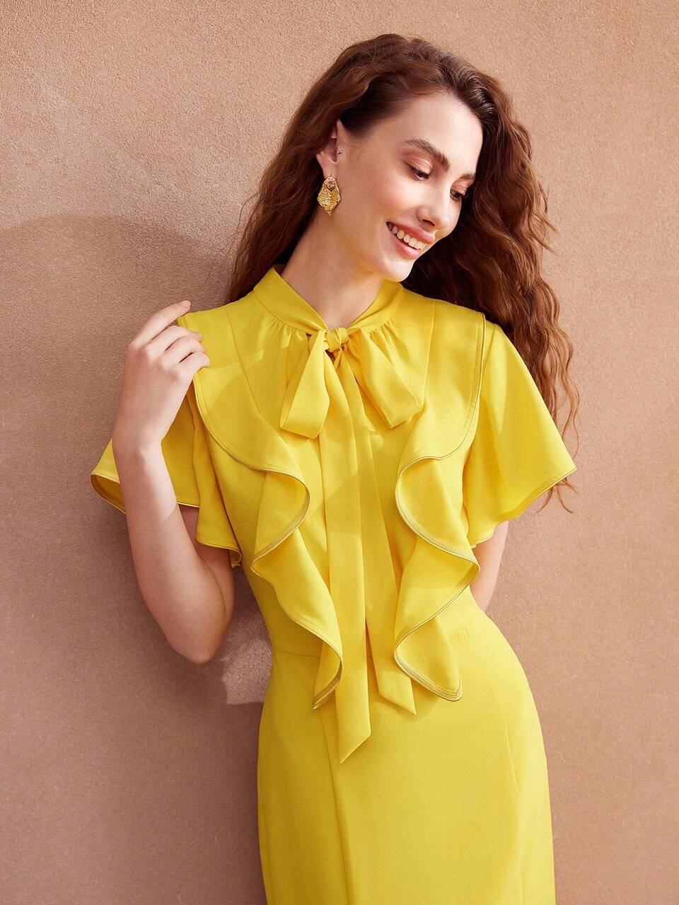 WOVEN TIE NECK RUFFLE TRIM DRESS FOR WOMEN,SUMMER OUTFITS