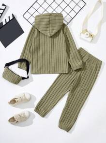 SHEIN 2 件套幼兒男童秋冬純色羅紋連帽 T 恤和褲子套裝 - 杏色 - 查看 2