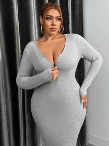 SHEIN SXY Women's Plus Size Solid Color Zipper Half Placket Hooded Bodycon Dress - Grey - View 3