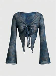 ROMWE Hippie 復古印花蕾絲綁帶上衣 - 藏蓝色 - 查看 1
