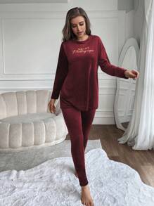 RueChic 女款紅字印花休閒家居服套裝 - 紅色 - 查看 3