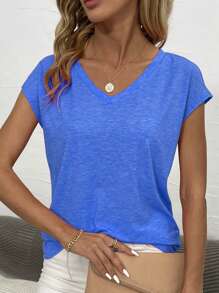 SHEIN LUNE V-neck Batwing Sleeve T-shirt - Blue - View 5