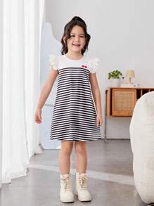SHEIN 女童運動甜美針織條紋洋裝 - 白色 - 查看 6