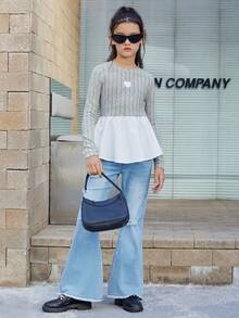 Tween Girls' Casual Round Neck Color Block & Patchwork Long Sleeve T-Shirt - Multicolor - View 3