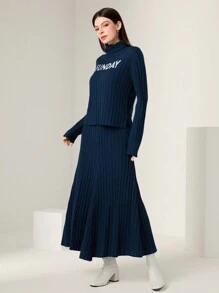 Seusyu 女士高領毛衣兩件套,印有字母圖案 - 水鴨藍 - 查看 5