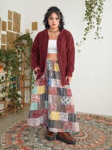 ROMWE PUNK Women'S Plus Size Solid Color Cable Knit Zip Up Hooded Cardigan With Drawstring - Burgundy - View 5