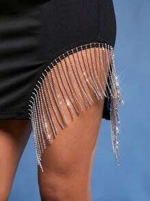 Hauture Rhinestone Fringe Crop Top & Skirt Two Piece Set - Black - View 5